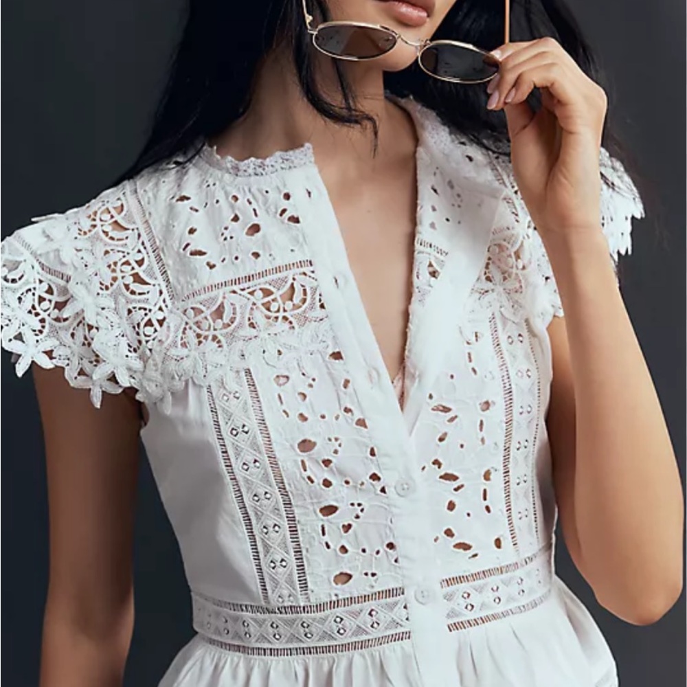 Anthropologie Sleeveless High Neck White Lace Blouse